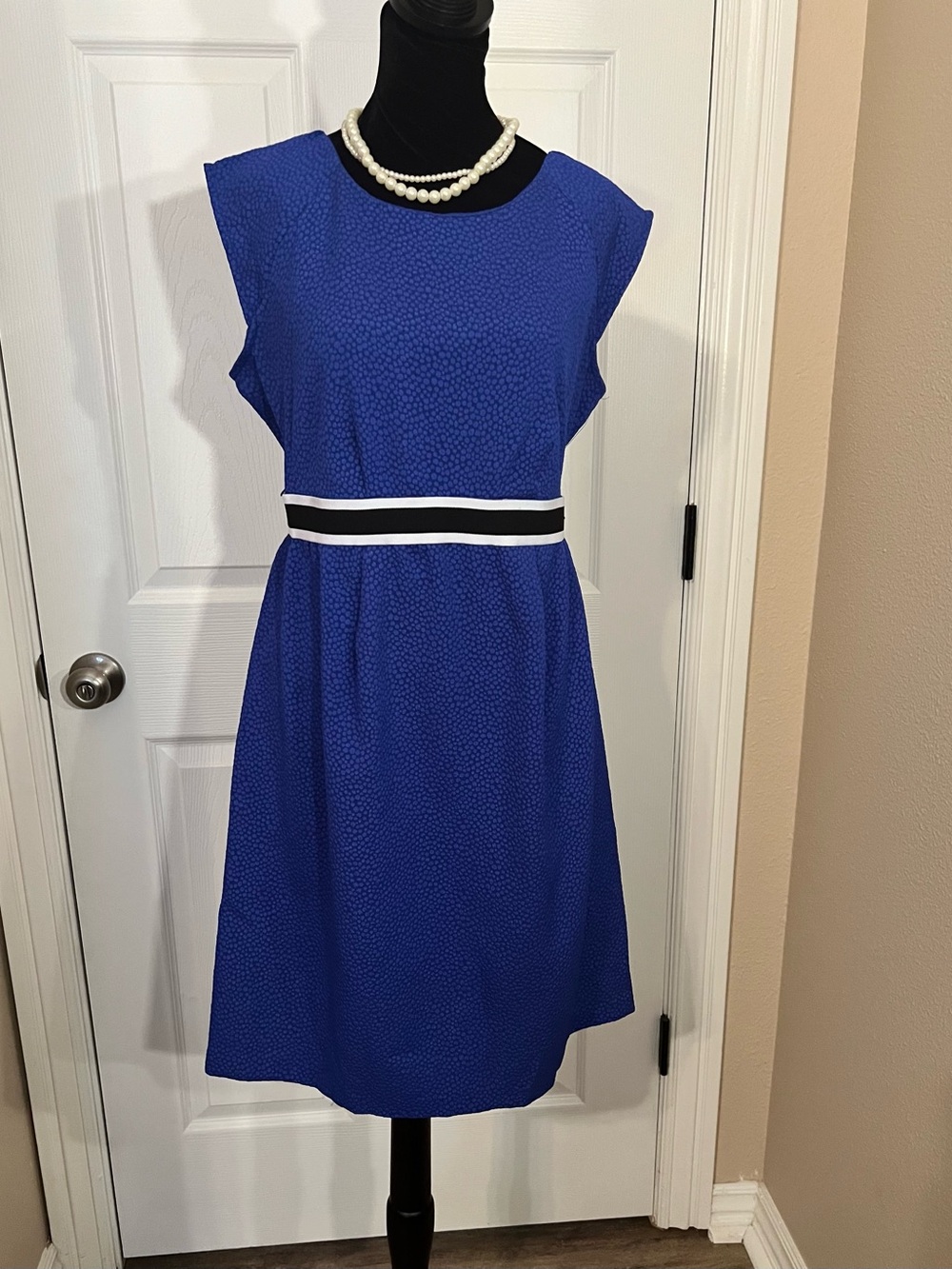 Motherhood Royal Blue Sleeveless Dress with Black & White Waistband